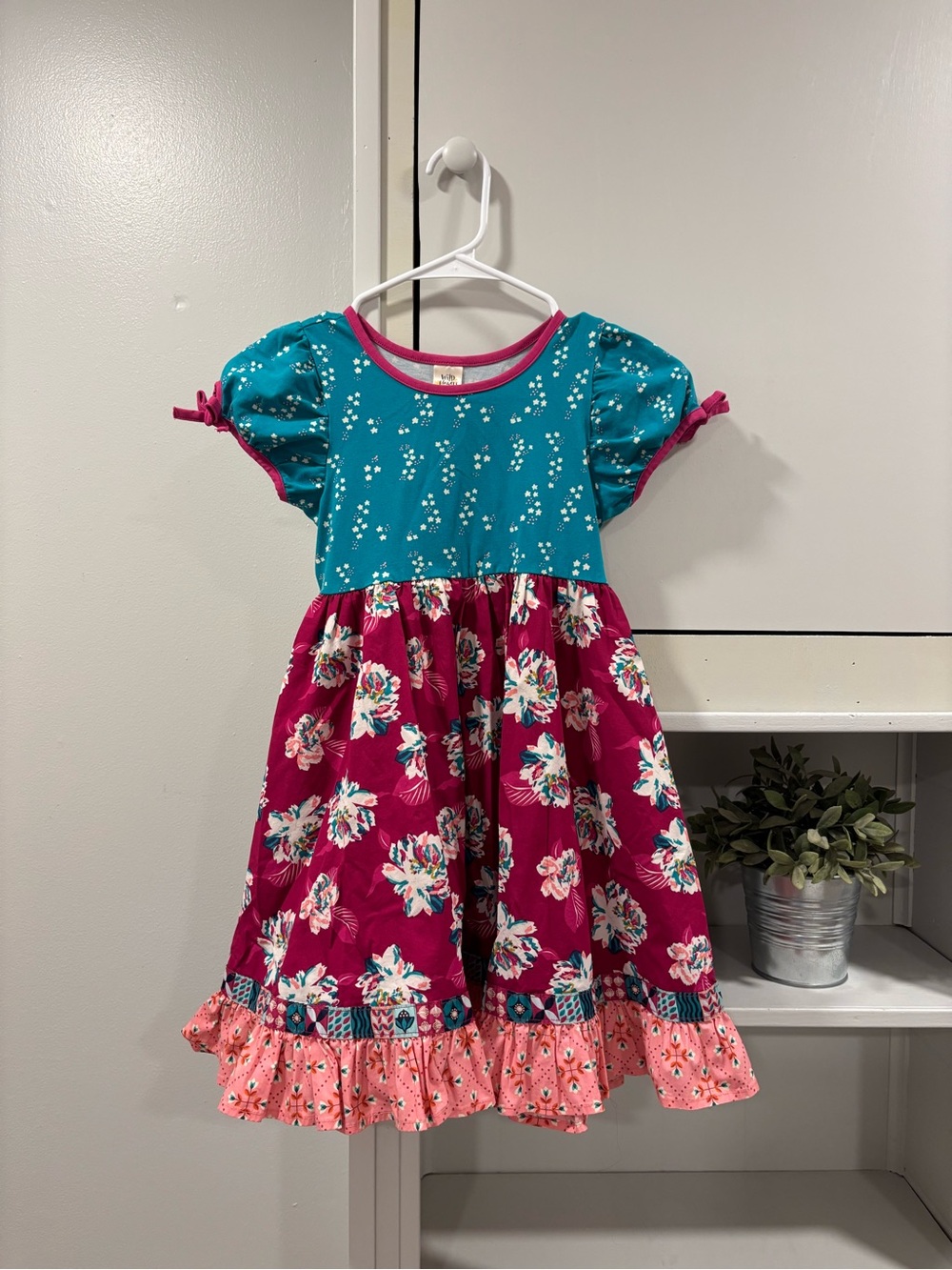 Wildflowers Teal and Magenta Floral Gather and Hem Knit Dress